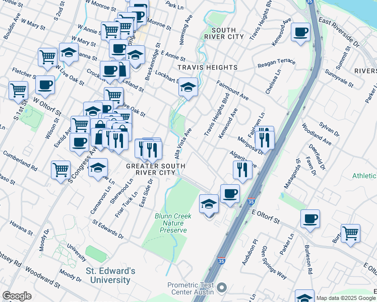 map of restaurants, bars, coffee shops, grocery stores, and more near 903 East Live Oak Street in Austin