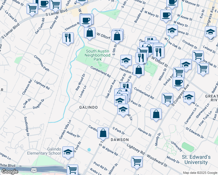 map of restaurants, bars, coffee shops, grocery stores, and more near 2801 South 4th Street in Austin