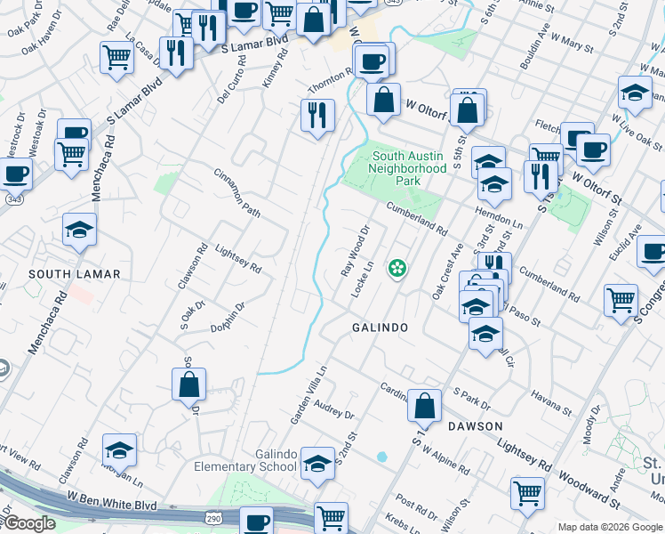 map of restaurants, bars, coffee shops, grocery stores, and more near 3011 Corbin Lane in Austin
