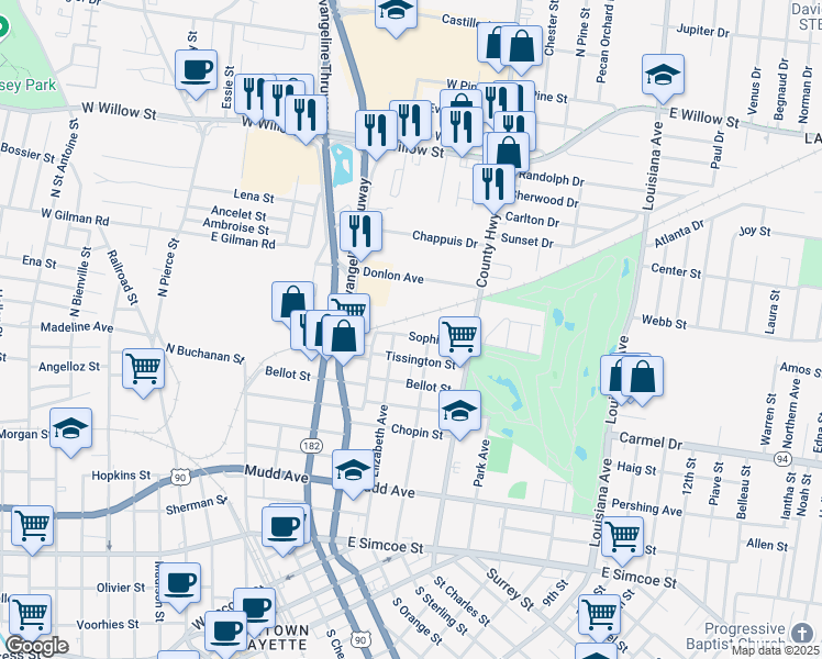 map of restaurants, bars, coffee shops, grocery stores, and more near 235 Sophie Street in Lafayette