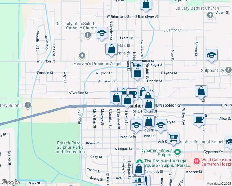 map of restaurants, bars, coffee shops, grocery stores, and more near 405 West Verdine Street in Sulphur