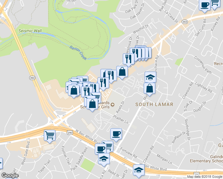 map of restaurants, bars, coffee shops, grocery stores, and more near 2317 Panther Trail in Austin