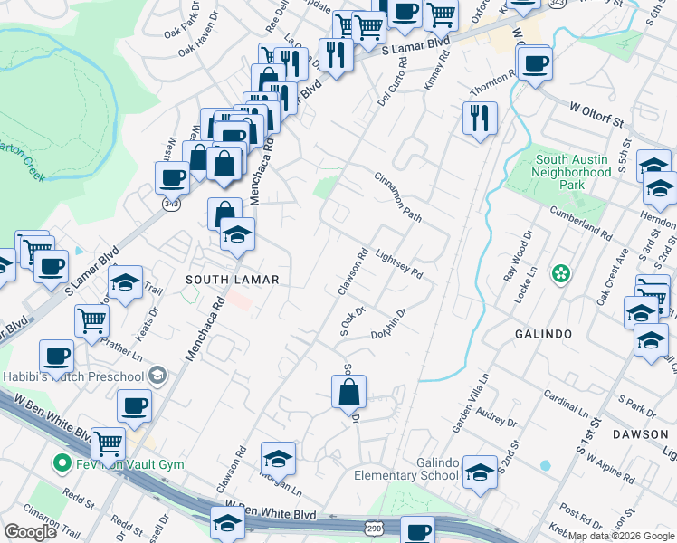 map of restaurants, bars, coffee shops, grocery stores, and more near 3108 Clawson Road in Austin