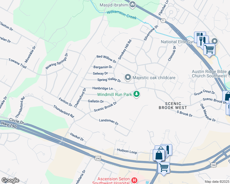 map of restaurants, bars, coffee shops, grocery stores, and more near 8301 Hanbridge Lane in Austin