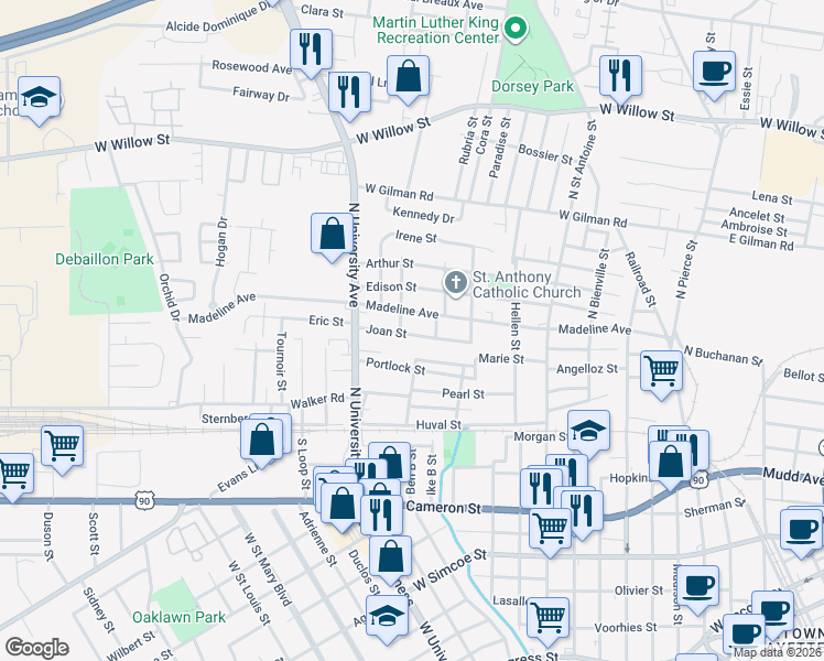 map of restaurants, bars, coffee shops, grocery stores, and more near 707 Madeline Avenue in Lafayette