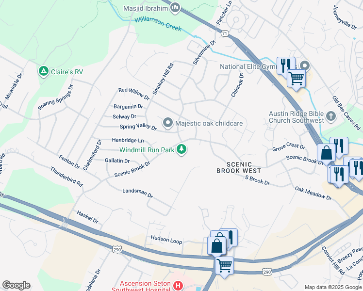 map of restaurants, bars, coffee shops, grocery stores, and more near 7224 Scenic Brook Drive in Austin