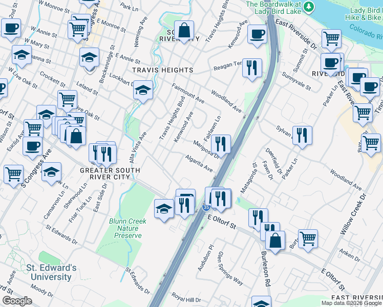 map of restaurants, bars, coffee shops, grocery stores, and more near 1118 Algarita Avenue in Austin