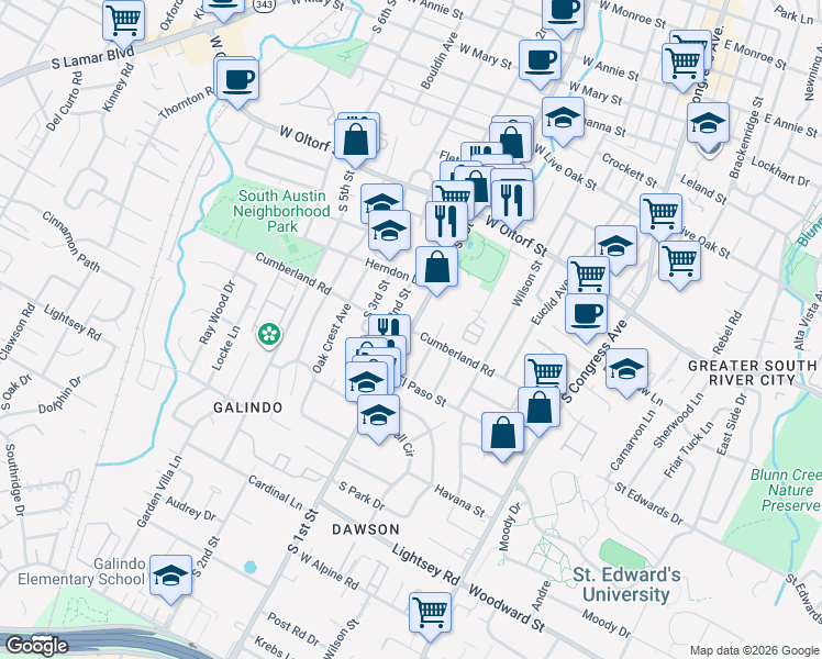map of restaurants, bars, coffee shops, grocery stores, and more near South 1st Street & Cumberland Road in Austin