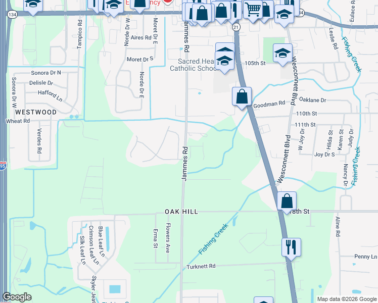 map of restaurants, bars, coffee shops, grocery stores, and more near 6075 Scenic Meadow Lane in Jacksonville