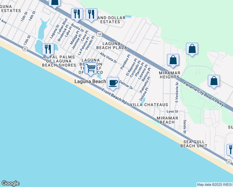 map of restaurants, bars, coffee shops, grocery stores, and more near 114 El Reposo Place in Panama City Beach
