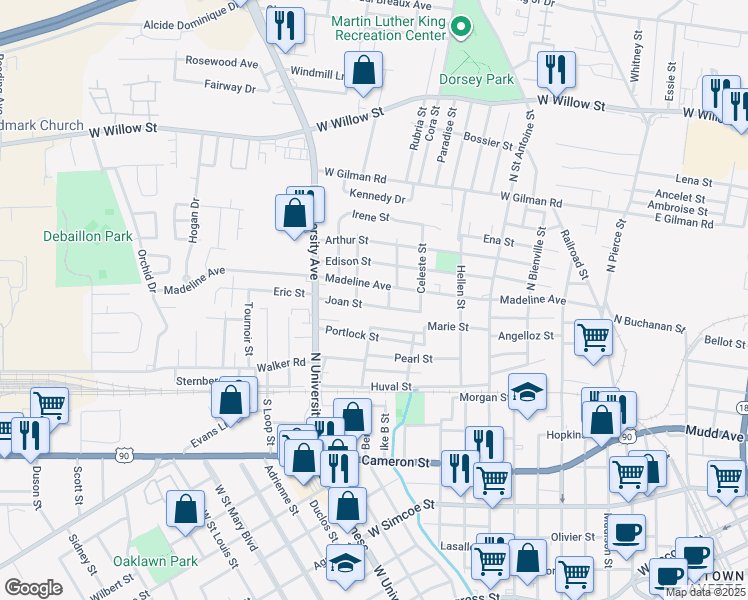 map of restaurants, bars, coffee shops, grocery stores, and more near 707 Madeline Avenue in Lafayette