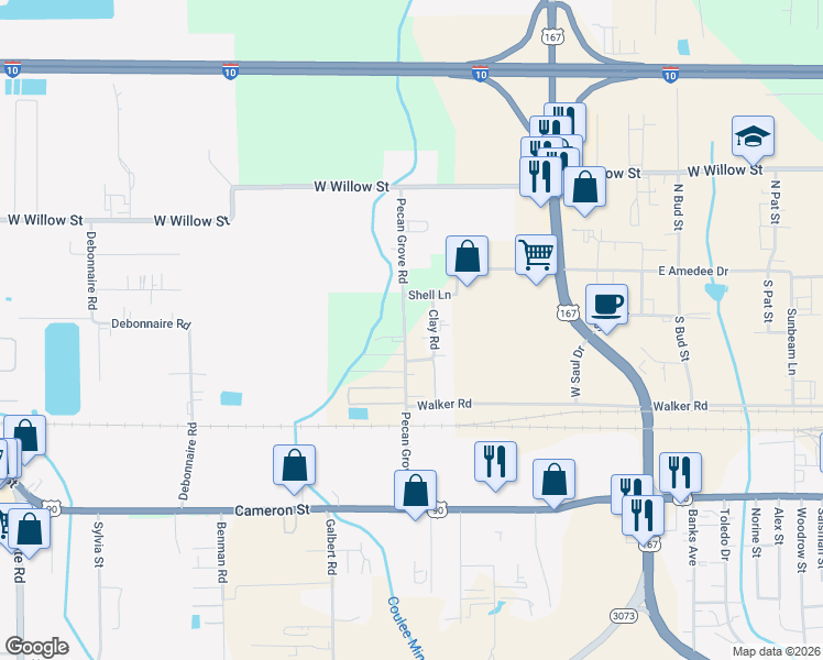 map of restaurants, bars, coffee shops, grocery stores, and more near 420 Pecan Grove Road in Scott