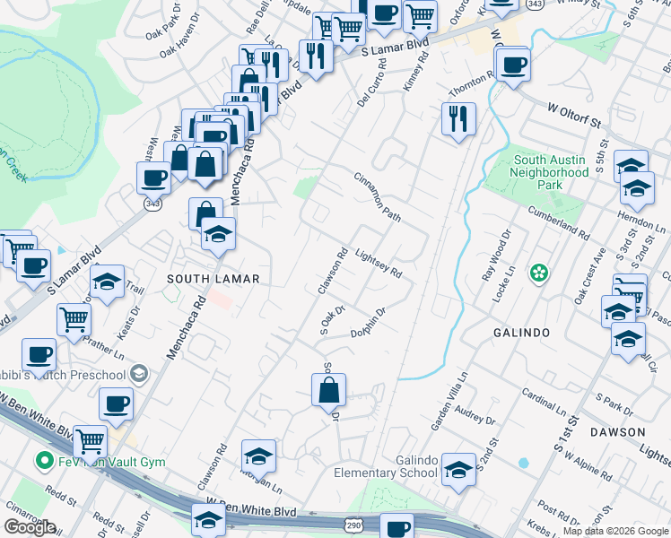 map of restaurants, bars, coffee shops, grocery stores, and more near 3108 Clawson Road in Austin