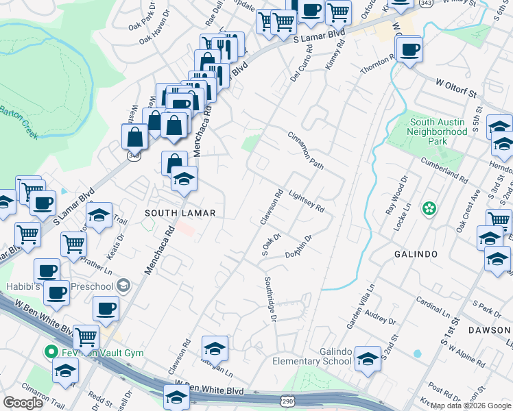 map of restaurants, bars, coffee shops, grocery stores, and more near 3301 Aldwyche Drive in Austin