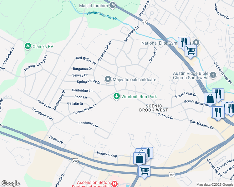 map of restaurants, bars, coffee shops, grocery stores, and more near 7224 Scenic Brook Drive in Austin