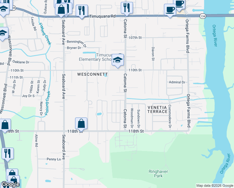 map of restaurants, bars, coffee shops, grocery stores, and more near 6138 Catoma Street in Jacksonville