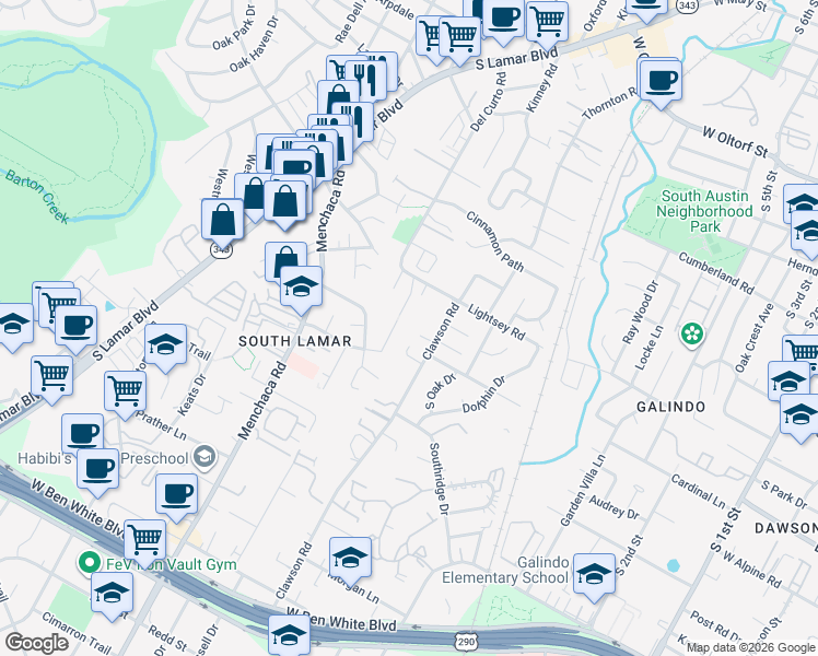 map of restaurants, bars, coffee shops, grocery stores, and more near 3301 Aldwyche Drive in Austin