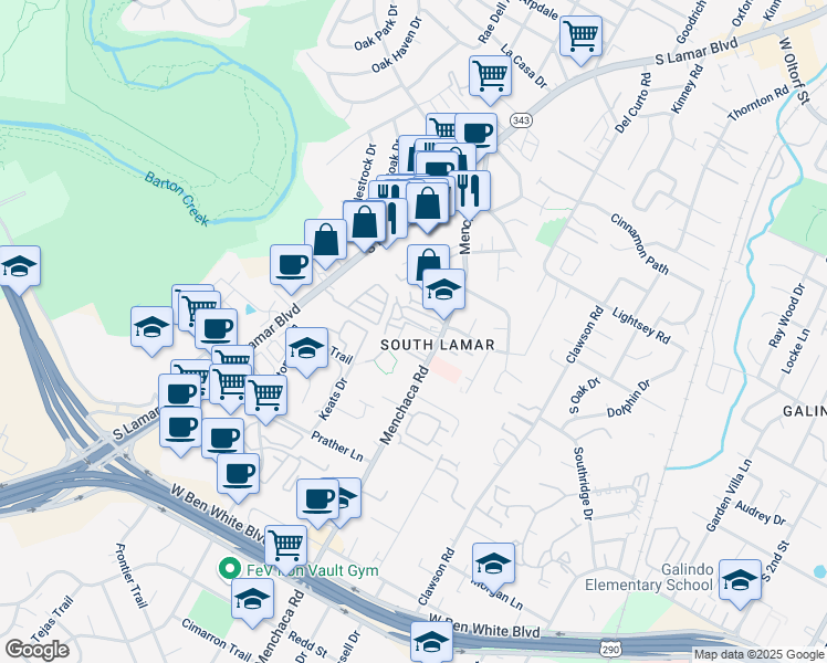map of restaurants, bars, coffee shops, grocery stores, and more near 3622 Menchaca Road in Austin