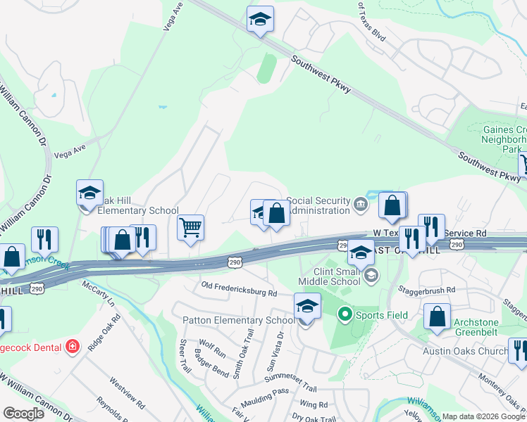 map of restaurants, bars, coffee shops, grocery stores, and more near 5669 Oak Boulevard in Austin
