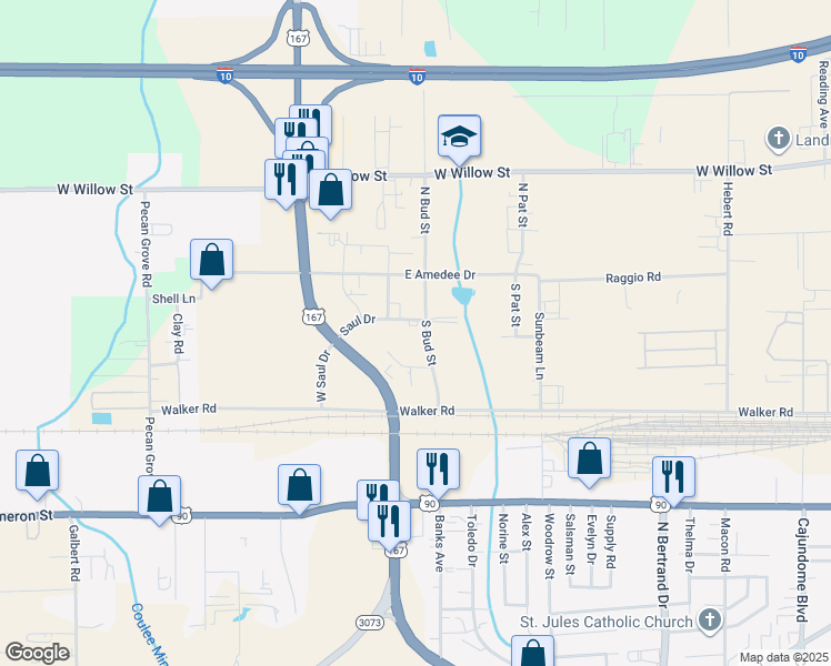 map of restaurants, bars, coffee shops, grocery stores, and more near 100-106 Saul Drive in Scott