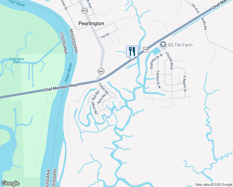 map of restaurants, bars, coffee shops, grocery stores, and more near 4020 Samoa Road in Pearlington