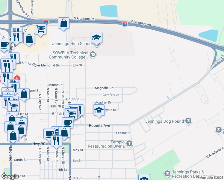 map of restaurants, bars, coffee shops, grocery stores, and more near 704-724 Magnolia Drive in Jennings