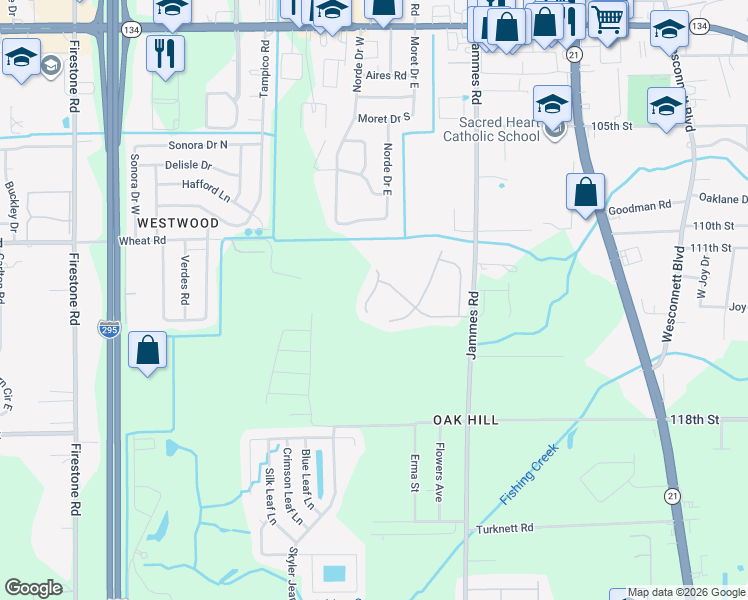 map of restaurants, bars, coffee shops, grocery stores, and more near 6109 Hannah Stables Court in Jacksonville