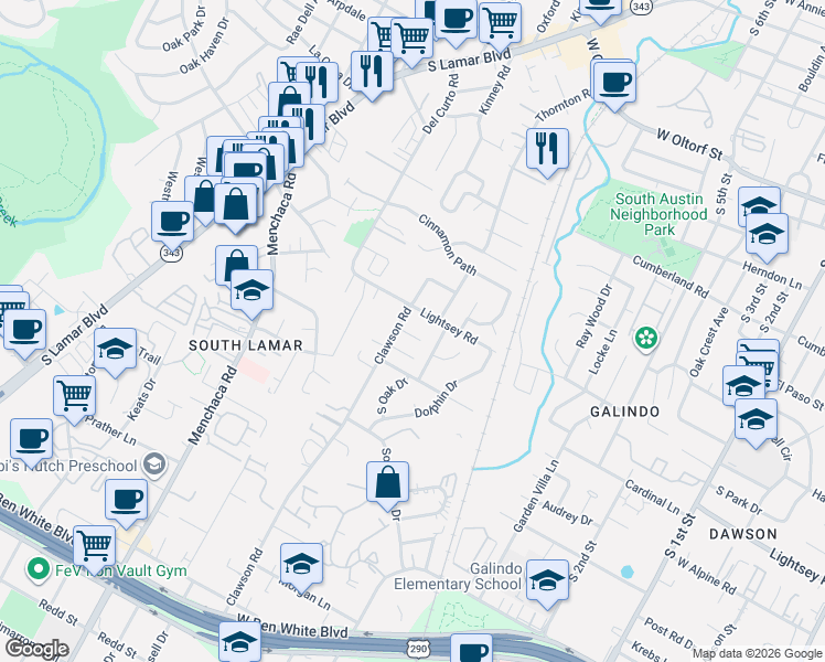 map of restaurants, bars, coffee shops, grocery stores, and more near 3108 Clawson Road in Austin