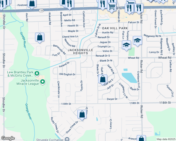map of restaurants, bars, coffee shops, grocery stores, and more near 8064 Triumph Lane West in Jacksonville