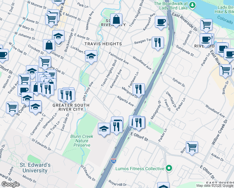 map of restaurants, bars, coffee shops, grocery stores, and more near 1112 Algarita Avenue in Austin