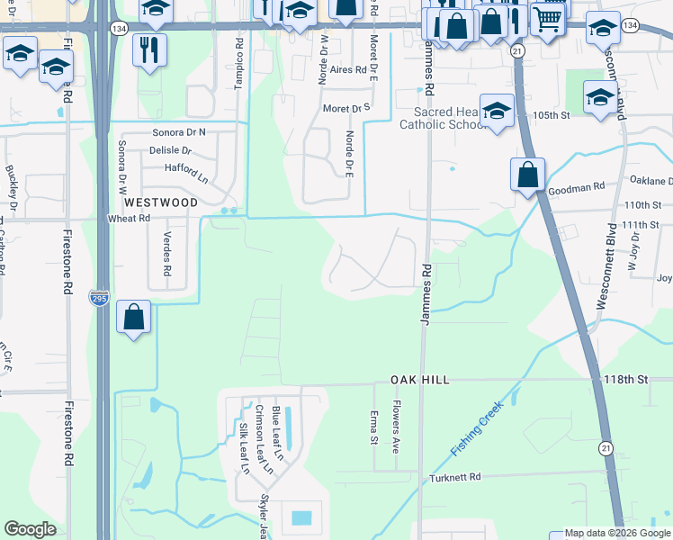 map of restaurants, bars, coffee shops, grocery stores, and more near 6109 Hannah Stables Court in Jacksonville
