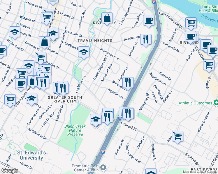 map of restaurants, bars, coffee shops, grocery stores, and more near 1106 Algarita Avenue in Austin