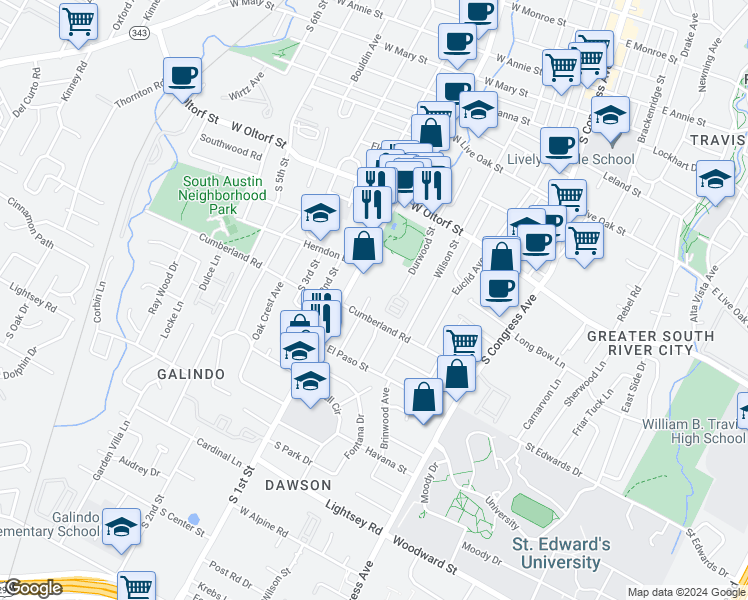 map of restaurants, bars, coffee shops, grocery stores, and more near 2610 Stacy Lane in Austin