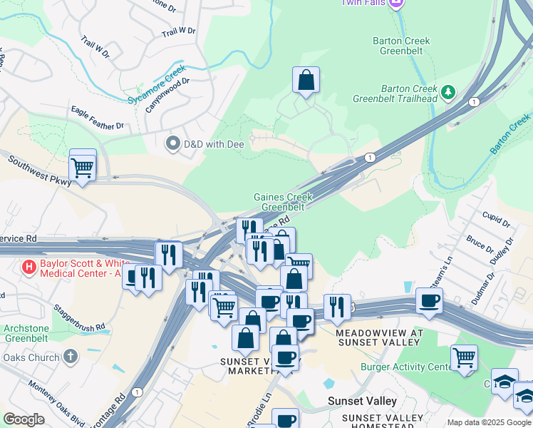 map of restaurants, bars, coffee shops, grocery stores, and more near MoPac Expressway in Austin