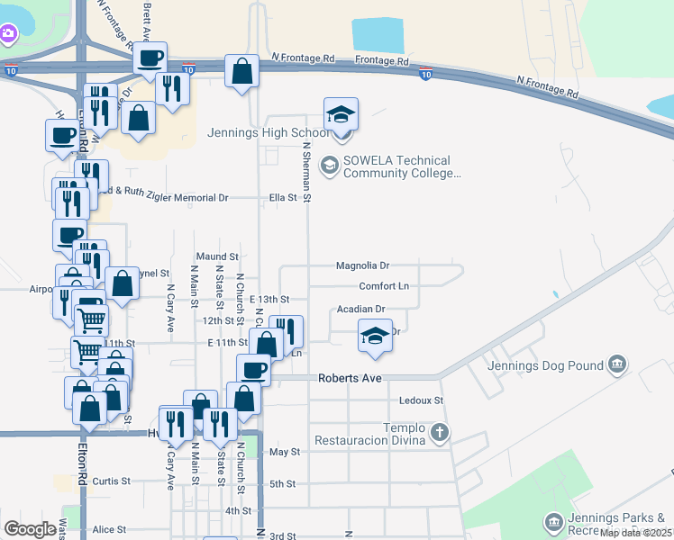 map of restaurants, bars, coffee shops, grocery stores, and more near 519 Magnolia Drive in Jennings