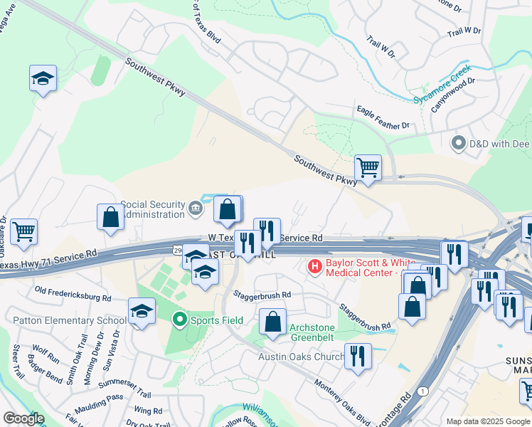 map of restaurants, bars, coffee shops, grocery stores, and more near 5408 U.S. 290 in Austin