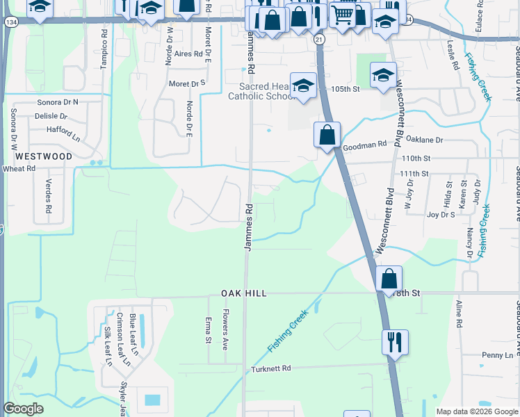 map of restaurants, bars, coffee shops, grocery stores, and more near 6075 Scenic Meadow Lane in Jacksonville