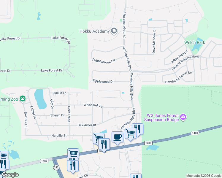 map of restaurants, bars, coffee shops, grocery stores, and more near 2442 Garden Falls Drive in Conroe