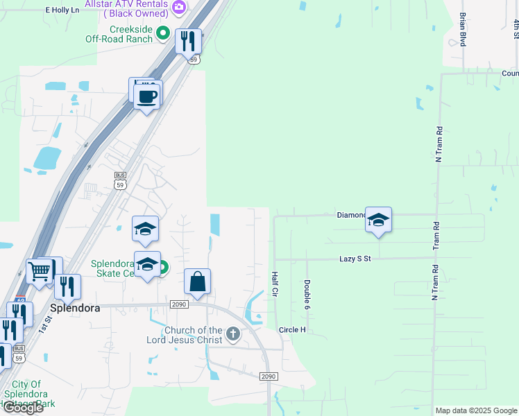 map of restaurants, bars, coffee shops, grocery stores, and more near 14181 Splenwood Drive in Splendora