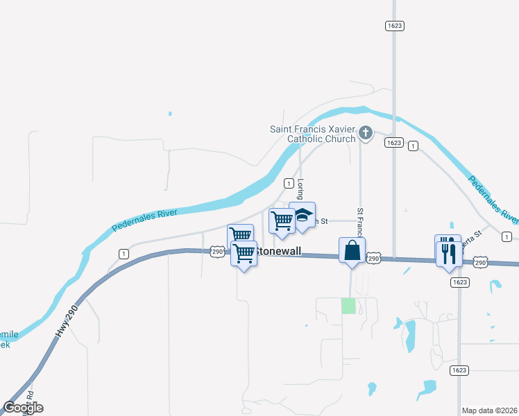 map of restaurants, bars, coffee shops, grocery stores, and more near 635 Ranch Road 1 in Stonewall