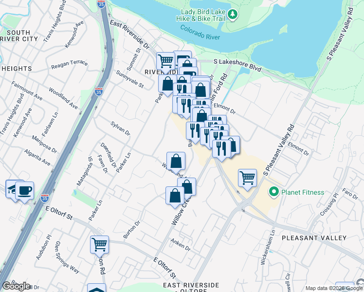 map of restaurants, bars, coffee shops, grocery stores, and more near 1601 Royal Crest Drive in Austin