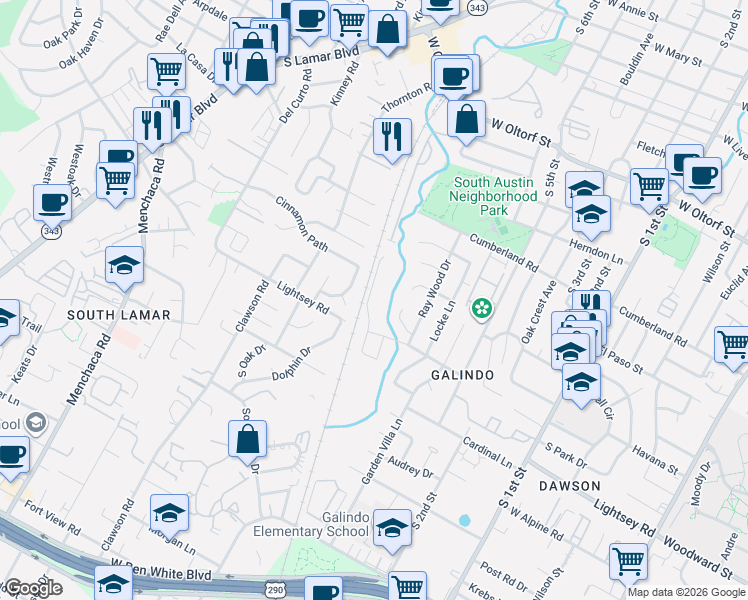 map of restaurants, bars, coffee shops, grocery stores, and more near 2915 Corbin Lane in Austin