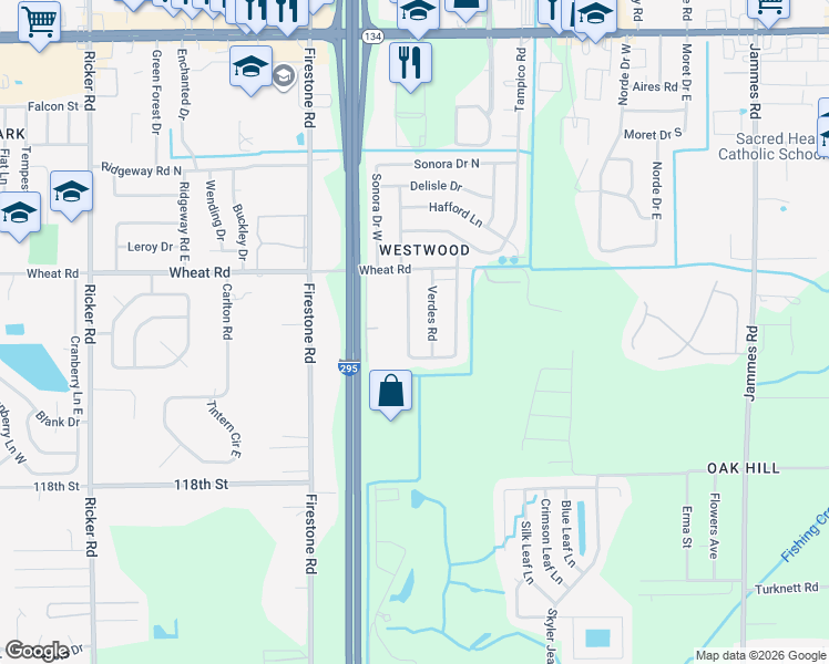 map of restaurants, bars, coffee shops, grocery stores, and more near 6121 George Wood Lane West in Jacksonville