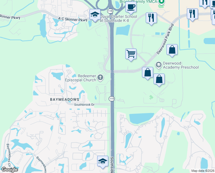 map of restaurants, bars, coffee shops, grocery stores, and more near 7500 Southside Boulevard in Jacksonville