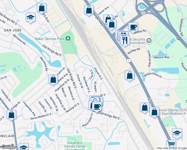 map of restaurants, bars, coffee shops, grocery stores, and more near 7811 Lisa Drive East in Jacksonville