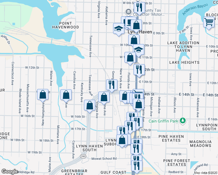map of restaurants, bars, coffee shops, grocery stores, and more near 1404 Georgia Avenue in Lynn Haven
