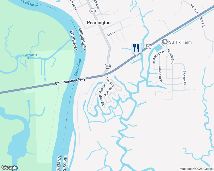 map of restaurants, bars, coffee shops, grocery stores, and more near 16017 Bali Road in Pearlington