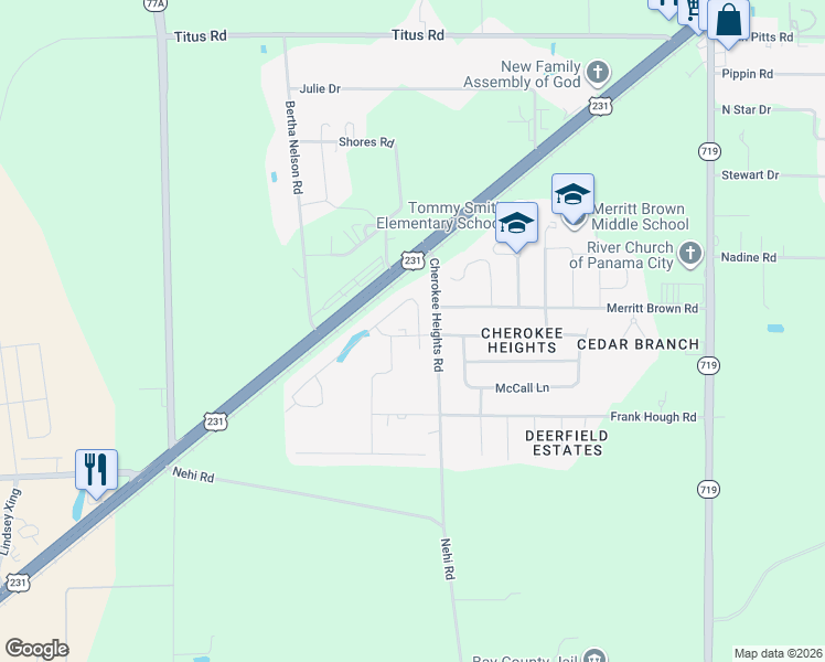 map of restaurants, bars, coffee shops, grocery stores, and more near 5284 Emma Grace Drive in Panama City