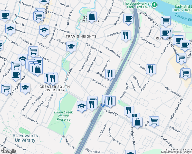 map of restaurants, bars, coffee shops, grocery stores, and more near 1116 Algarita Avenue in Austin
