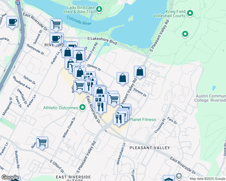 map of restaurants, bars, coffee shops, grocery stores, and more near 2423 Town Lake Circle in Austin